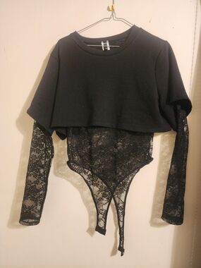 Black Lace Bodysuit with Cropped Tee Overlay